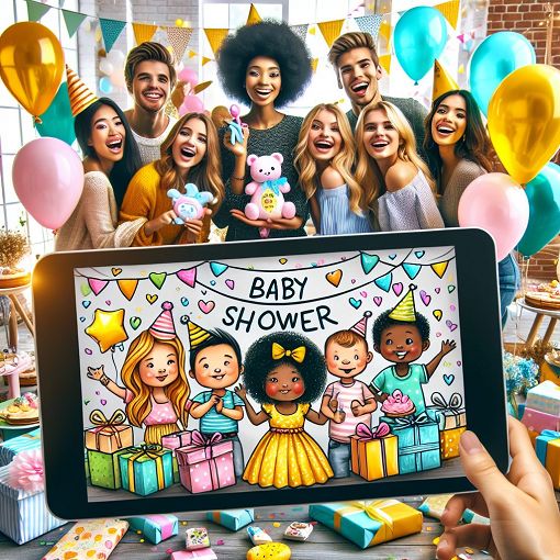 A joyful and colorful illustration of a baby shower setting, with a whimsical vibe, balloons, and gifts, featuring a diverse group of friends celebrating together.