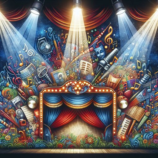 A vibrant and colorful depiction of a Broadway theater marquee with spotlights, musical notes, and theater-related imagery, capturing the lively essence of musicals and stage performances.