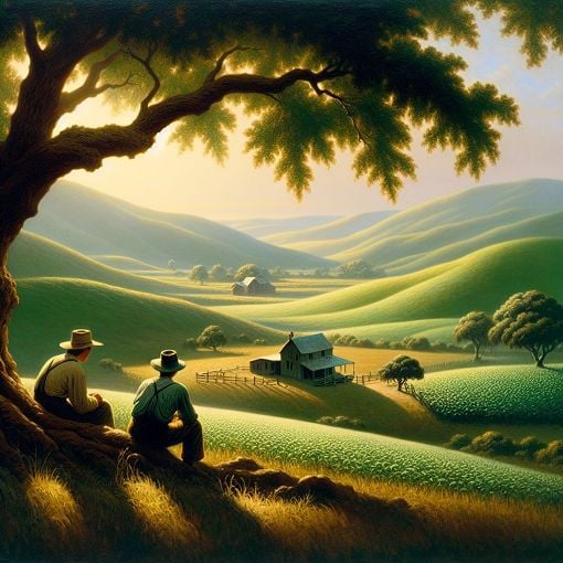 A serene, picturesque landscape inspired by the setting of Of Mice and Men, featuring rolling hills, a small ranch, and two men sitting under a tree contemplating their dreams.