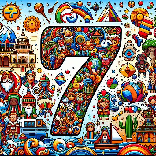 A vibrant and colorful illustration featuring the number seven represented in various cultural symbols, including seven continents, seven dwarfs, rainbow colors, and iconic literary references. The background should be lively and engaging, appealing to quiz lovers and casual learners alike.