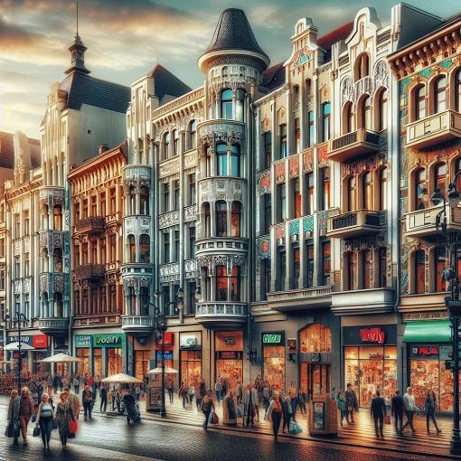 A vibrant street scene in Ostrava showcasing historical commercial buildings, with a mix of modern and classic architecture, people shopping, and the atmosphere of a bustling marketplace.