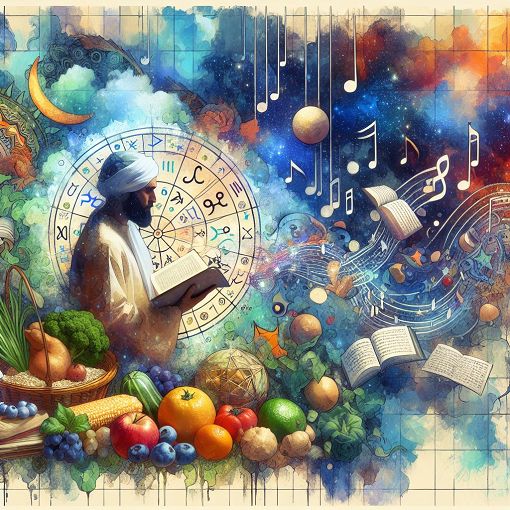 Create an image of a colorful astrological chart surrounded by various lifestyle elements like plant-based foods, music notes, and a person contemplating their beliefs in a whimsical style.