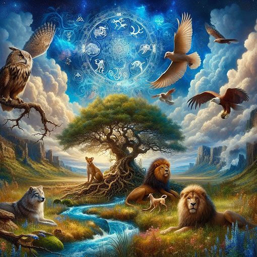 Create an image of a vibrant and mystical landscape with various animals like owls, lions, dogs, and hawks representing different traits, along with symbols for zodiac signs in the clouds.