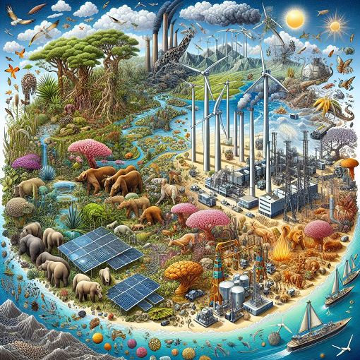 An educational illustration depicting key terms related to resource management and environmental sustainability, featuring imagery like ecosystems, energy sources, and biodiversity.