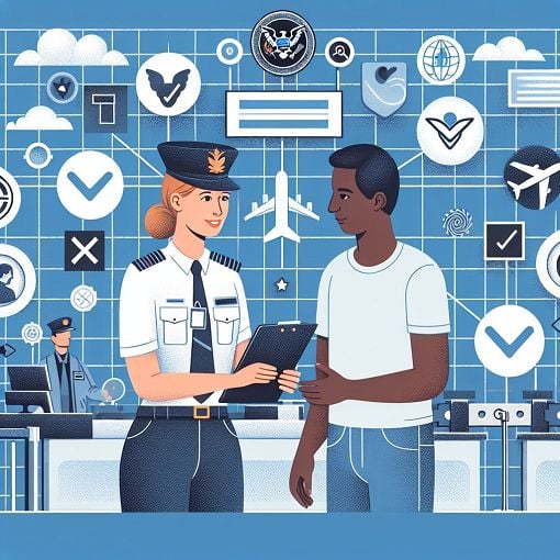 Create an image showing a border security officer engaging with a traveller, surrounded by icons representing identification, regulations, and compliance, set against a backdrop of an airport or border control environment.