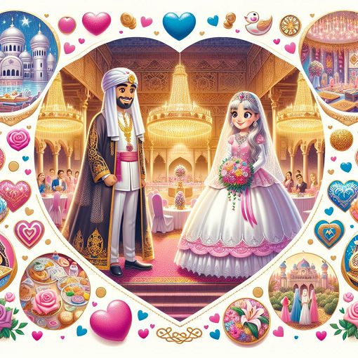 A whimsical illustration of a bride and groom surrounded by romantic symbols like hearts and flowers, with a backdrop of a wedding venue, vibrant colors, and a joyful atmosphere.