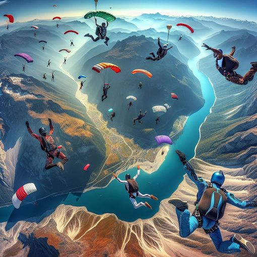 A vibrant illustration of skydivers in action, showcasing various disciplines like formation flying, wingsuiting, and canopy piloting over a scenic landscape.