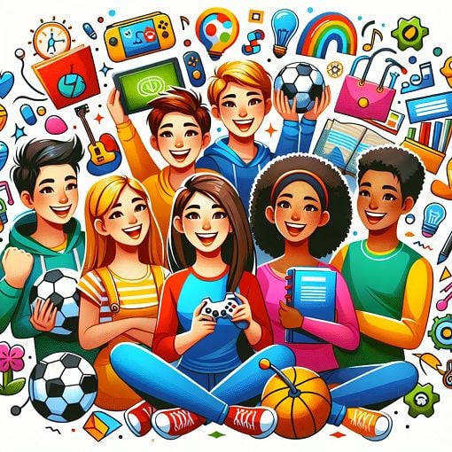 A vibrant and colorful illustration of a group of friends having fun together, surrounded by symbols representing favorite hobbies and interests like gaming, sports, and school.