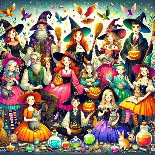 A playful illustration of a colorful witch family, with whimsical characters representing different personalities, surrounded by cute animals and magical elements like potions and broomsticks.