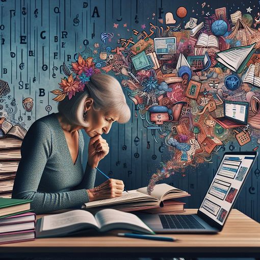 Generate an image of a student studying English, surrounded by books, a notebook, and a laptop, with colorful illustrations of letters and grammar symbols in the background.