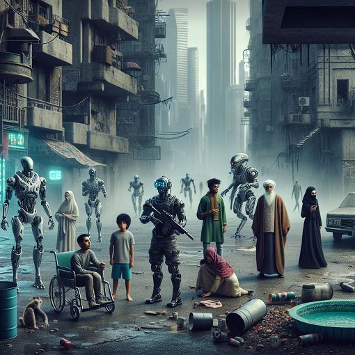 A dystopian cityscape in 2050, with ominous robots roaming the streets, abandoned buildings, and humans trying to escape, with a hint of humor in the atmosphere.