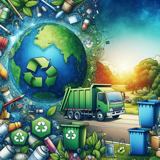 A vibrant illustration of recycling symbols, waste management, and a clean environment with the globe in the background, emphasizing sustainability and eco-friendliness.