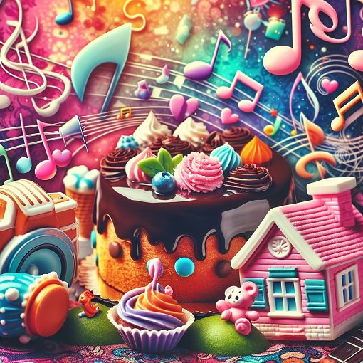 A vibrant and colorful collage featuring elements related to Kate Nash, such as music notes, chocolate cake, and a pink house, set in a whimsical background that evokes a playful spirit.