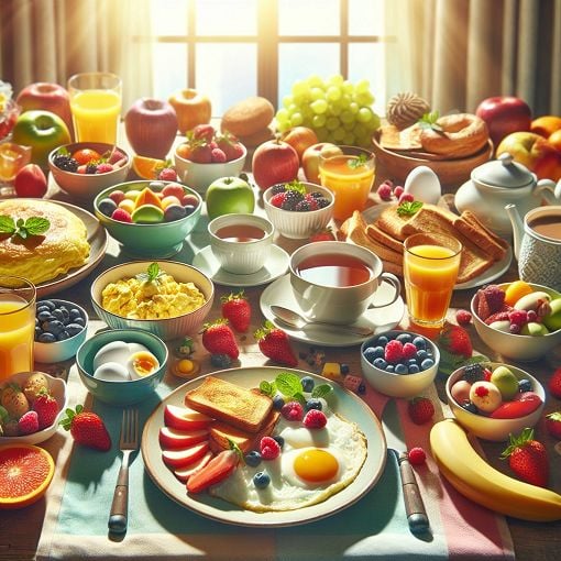 A vibrant breakfast table with various egg dishes, fresh fruits, and a cup of tea or coffee, all in a cheerful morning setting.