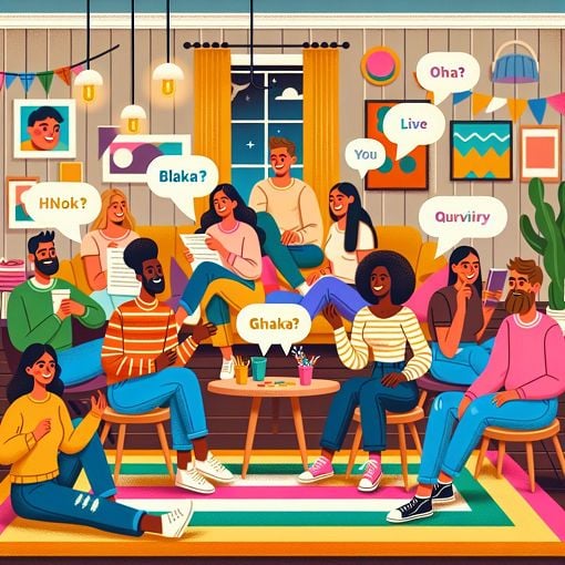 A fun and colorful illustration of a group of friends enjoying a quiz night, with speech bubbles containing quirky questions related to personal experiences, set in a cozy living room.