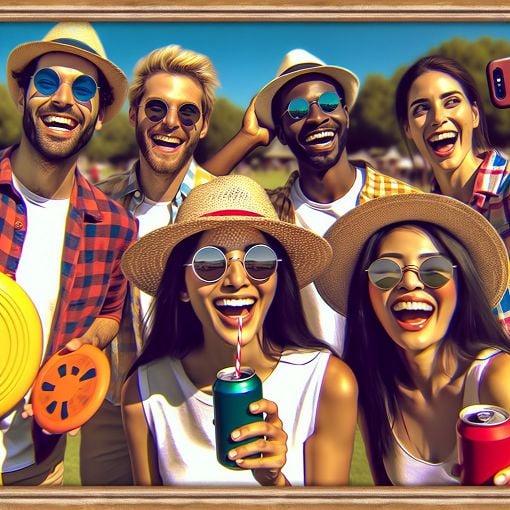 A vibrant and colorful image featuring a group of friends enjoying a day out, with a playful and cheerful atmosphere reflective of a personality quiz.