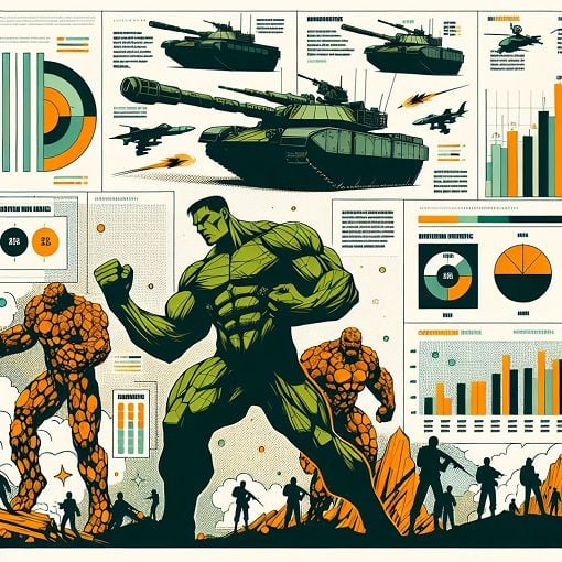 A detailed infographic featuring a military-themed background with concepts of weaponry and comic book heroes, including silhouettes of tanks and iconic characters like Hulk and The Thing