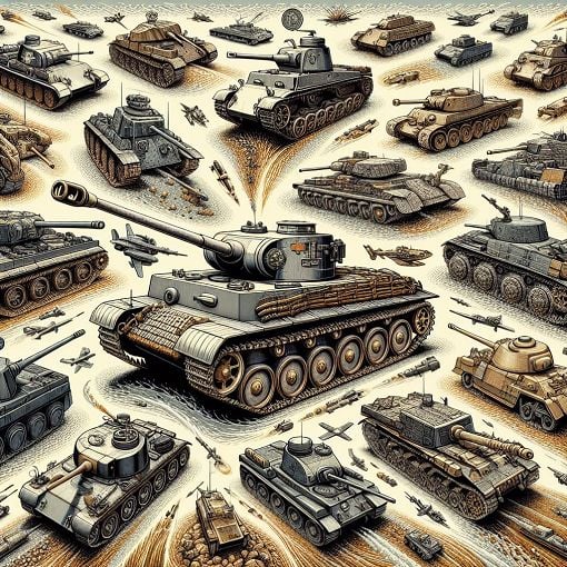 A highly detailed, artistic illustration of various armored fighting vehicles like tanks and armored cars in a battlefield setting, showcasing their design and historical features.