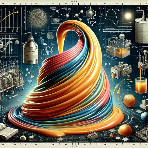 A visually appealing image that represents the study of rheology, featuring flowing materials, graphs of viscosity, and industrial applications in a scientific and engaging style.