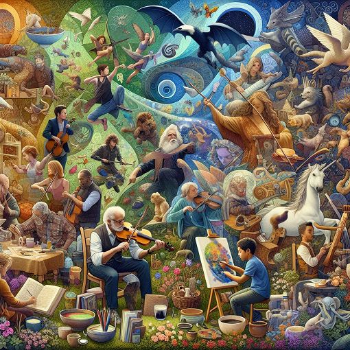 A colorful collage featuring creative characters engaged in various hobbies, with an artistic background blending nature and fantasy elements.