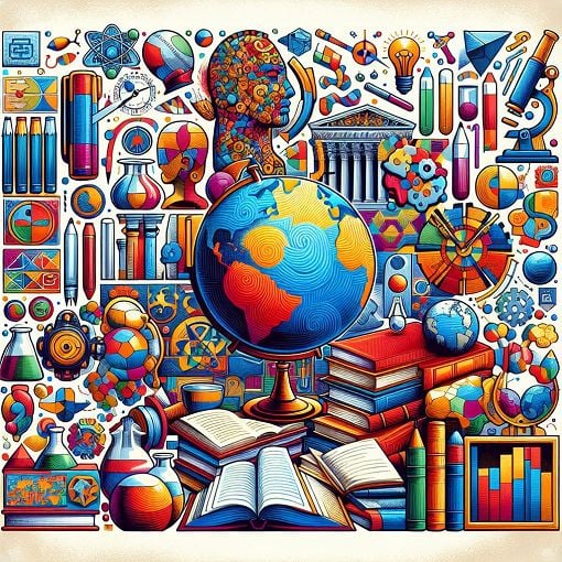 A vibrant and colorful collage featuring symbols of knowledge, such as books, a globe, historical artifacts, and elements representing various cultures and sciences.