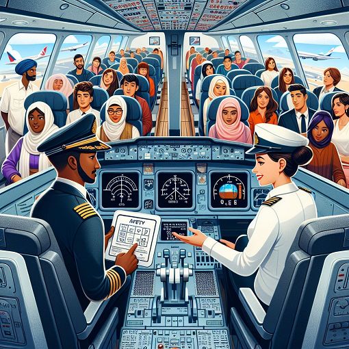 Create an engaging and informative image depicting aviation safety, aircraft weight and balance checks, and a cockpit setting, with a diverse group of cabin crew and passengers preparing for a flight.