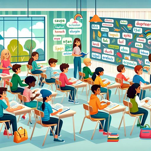 Create an image of a colorful classroom with students engaging in vocabulary activities, including flashcards and language posters, vibrant and inviting, in a bright environment.