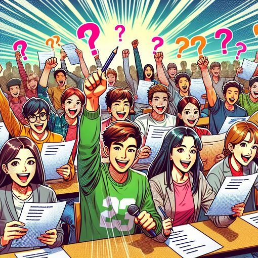 Create an image of a quiz environment with students happily engaging in a fun-filled quiz session, vibrant colors, and question papers in their hands.