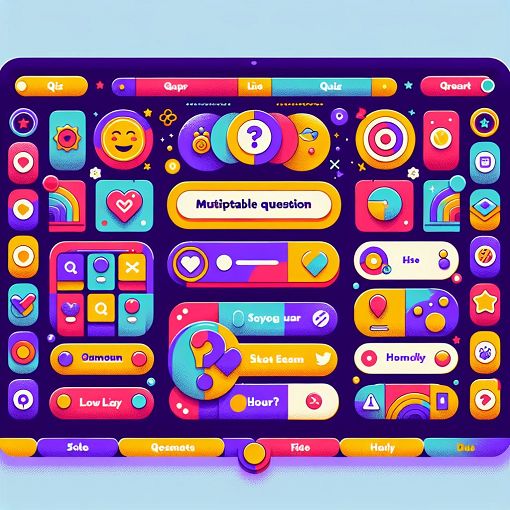 Create an image of a colorful quiz interface featuring questions about personal interests and experiences, with vibrant graphics and cheerful design elements.