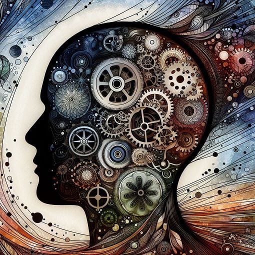 An abstract representation of personal growth and transformation, featuring a silhouette of a human head with gears and nature elements intertwined to symbolize the connection between mind and environment.