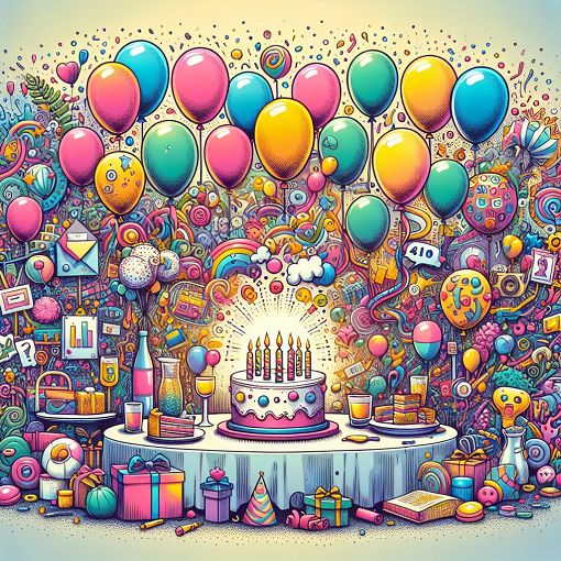 A vibrant illustration capturing a lively celebration with balloons, a birthday cake, and a cheerful atmosphere, reflecting a fun quiz about a person's favorite things and personality.