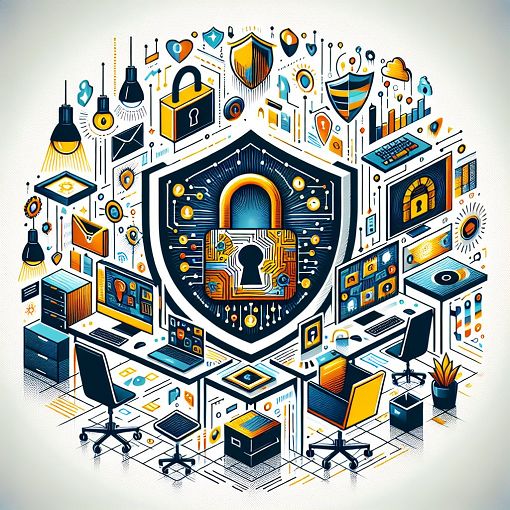 A bright and engaging graphic depicting various cyber security elements such as locks, shields, and computers in a modern office setting.