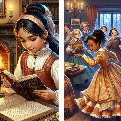 Create an illustration of young girls in historical clothing, engaged in activities reminiscent of the American Girls series, such as dancing, reading, or playing games in a picturesque historical setting.