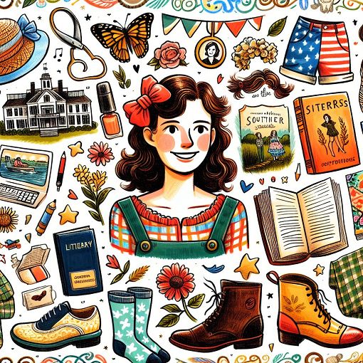 A vibrant and whimsical illustration of a young woman named Virginia, surrounded by iconic symbols of her life and interests, like books, crocs, and nostalgic objects that represent her childhood in Mississippi.