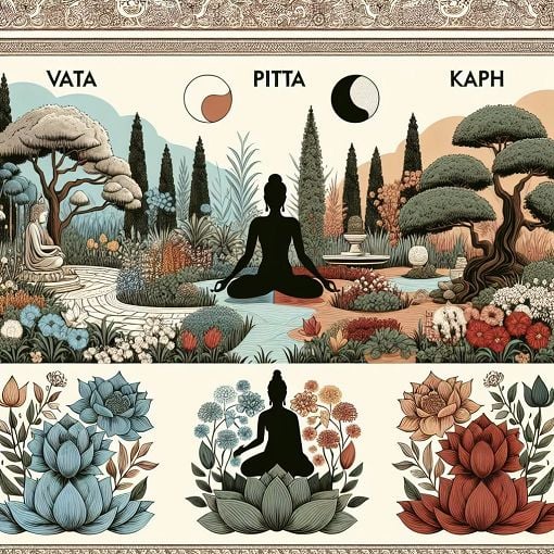 Generate an image of a serene yoga garden with elements representing the three Doshas: Vata (airy, light colors), Pitta (fiery, warm colors), and Kapha (earthy, calming colors). Include symbols of balance and harmony.