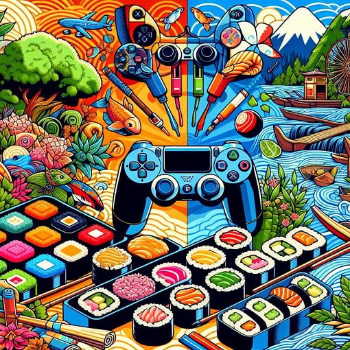 A vibrant collage featuring gaming, food, and leisure activities that reflect Theo Rochocz's interests, with gaming controllers, sushi, and nature scenes.