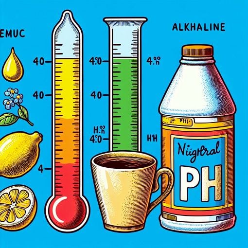 Create a vibrant illustration showing a pH scale with various items like lemons, bleach, vinegar, and coffee, emphasizing the concepts of acidity and alkalinity.