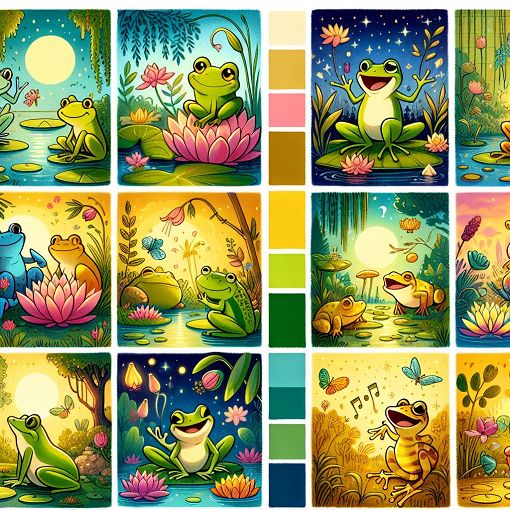 A vibrant and whimsical illustration of various cartoon frogs, each with unique personalities, set against a colorful background representing different environments like ponds, forests, and summer fields.