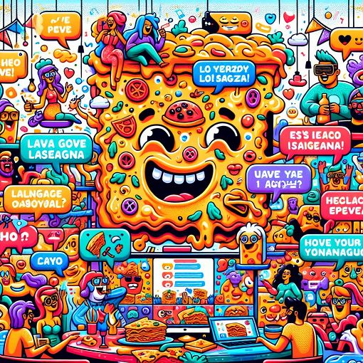 A whimsical and colorful illustration depicting a cartoonish and exaggerated version of a Discord chat room filled with funny characters, lasagna references, and quirky personalities. The scene should include iconic elements like animated emojis, playful speech bubbles, and a vibrant background.