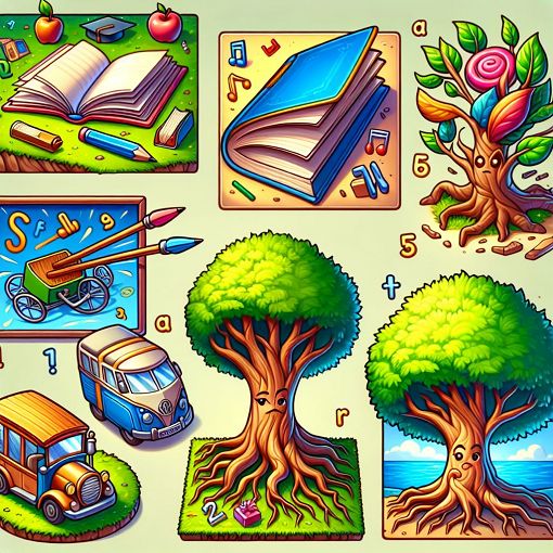 A colorful and engaging illustration of various vocabulary words represented by visual objects and symbols, creating a playful learning environment.