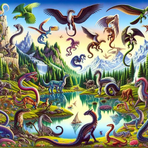 An imaginative and colorful depiction of various Viperaquus subspecies in a magical landscape, showcasing their unique traits and characteristics.