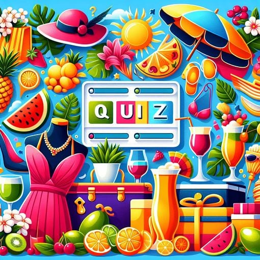 Create a vibrant and colorful illustration depicting a fun quiz atmosphere, featuring elements like food, fashion accessories, and vacation spots, with a whimsical style.