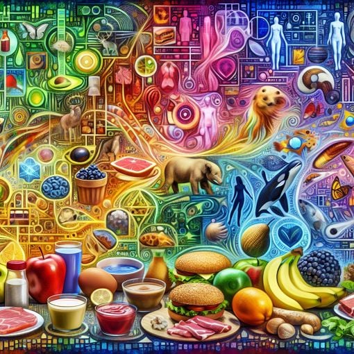 A colorful and artistic representation of food, animals, and pop culture icons, symbolizing various preferences and lifestyle choices, with a modern twist.