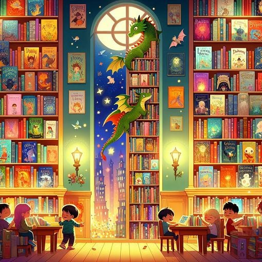 A vibrant illustration of a bookshelf overflowing with children's books, featuring characters like dragons, libraries, and smiling children reading, with a cozy atmosphere suitable for a quiz about children's literature.