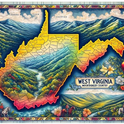 A vibrant map of West Virginia highlighting Mountaineer Country and its counties, with scenic mountains in the background.