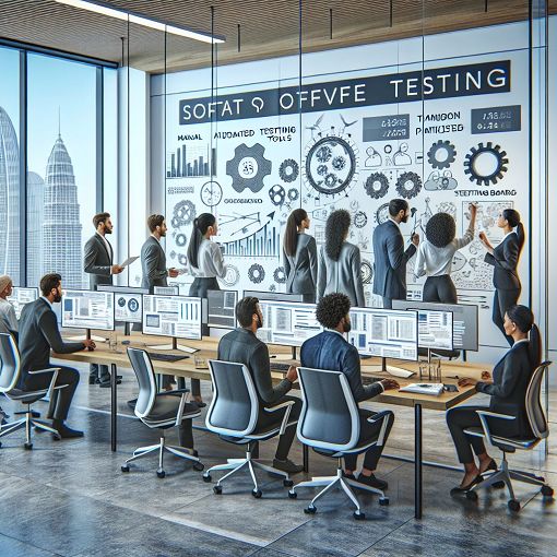 Create an image depicting a software testing environment with people actively engaged in testing activities, surrounded by charts and testing tools, in a modern office setting.