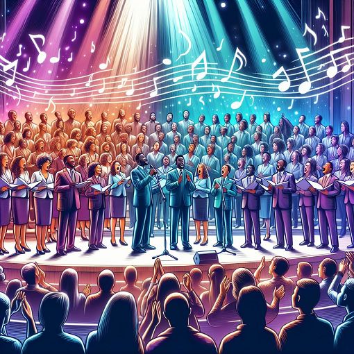 A vibrant and colorful illustration of a gospel choir performing, with musical notes floating around and a diverse audience clapping, set on a stage with bright lights.