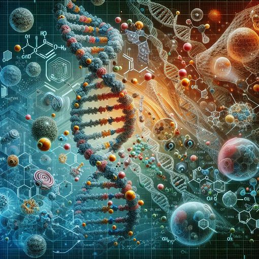 A visually engaging illustration of DNA strands, highlighting various enzymes involved in DNA replication and repair, with a vibrant background of molecular structures and genetic sequences.