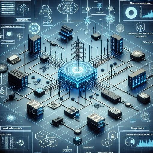 Create an illustrative image that represents a telecommunications network framework, showcasing elements like Diameter agents, load balancers, and network transactions with a modern digital aesthetic.