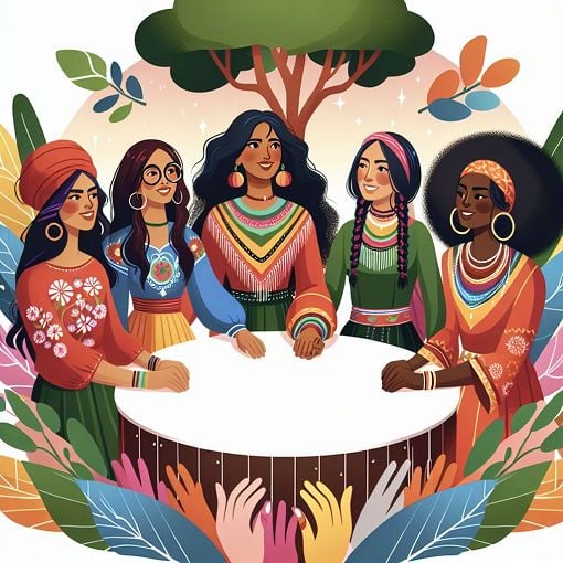 A colorful and vibrant illustration of a sisterhood gathering, showcasing diversity and friendship among members, with elements representing leadership and community.